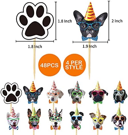 48 парчиња кучиња се соочуваат со врвови за кекс - кучиња торпи за кучиња - кученца миленичиња тема за роденденски украси за украси