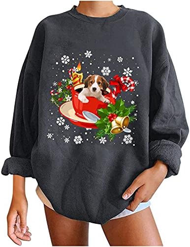 Пад џемпери за жени графички 2021 мода Божиќно гроздобер кучиња печати со долги ракави кошули екипаж џемпери за џемпери