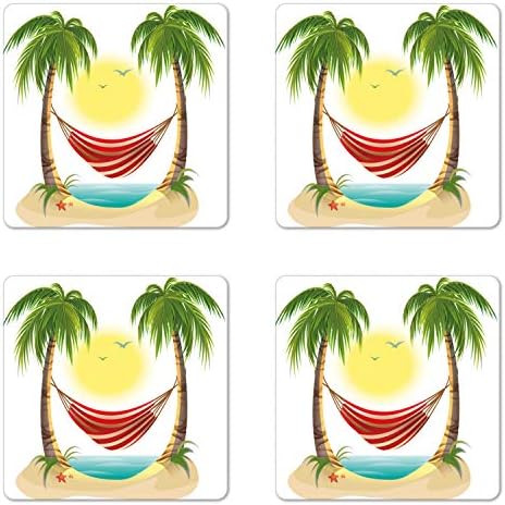 Амбесон Графички плажа сет од 4, цртан филм за одмор за одмор со смирувачка хамак помеѓу палмите тропски остров, плоштадски шипки за сјајни плочи,