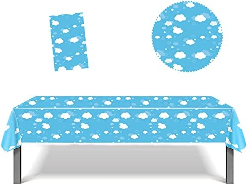 Juyrle сино небо Бело покривка на маса за облак, цртани облаци Тема пластична правоаголна чаршава, роденденски украси за забава