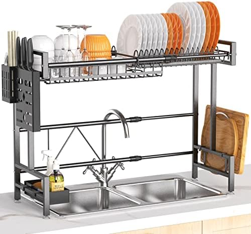 Duchifad над решетката за сушење на садот за мијалник, 2 нивоа од не'рѓосувачки челични лавици за кујнски бројач, голем дренажа за садови