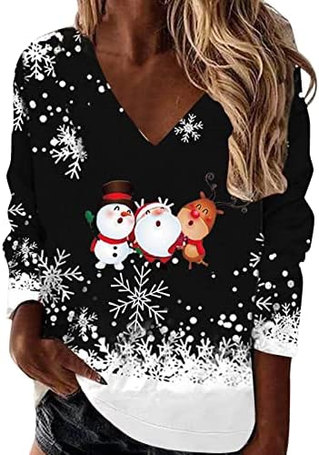 Womenените фустани џемпери карирани снегулка печатена лабава лабава маичка кошула графичка маичка О-врат кошули со долг ракав
