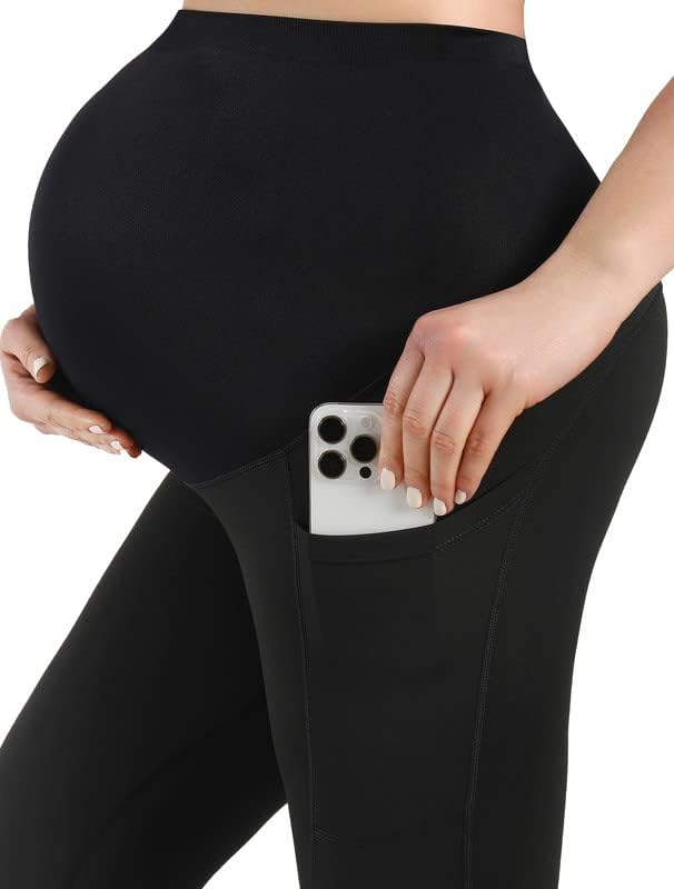 Слаткалуна Породилни Шорцеви Преку Стомакот Со Џебови, Активни Црни Јога Каприс Панталони За Бременост На Жените