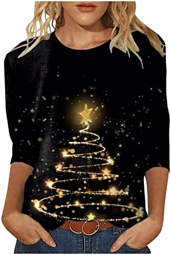 Божиќни кошули за жени Божиќно дрво графичка маица плус големина лабава вклопена долга ракав Туника врвови за носење со хеланки