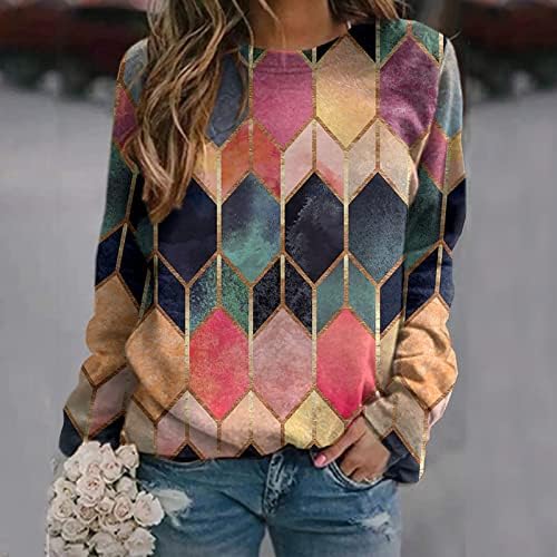 Женски геометриски блузи со целосна печатење во боја блок со долги ракави со долги ракави на вратот