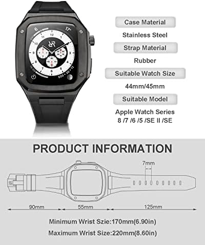 Ryueuya луксузен опсег од не'рѓосувачки челик за Apple Watch Series 8/7/6/5/4/SE со кожни ленти со гума за замена за серија IWATCH 44/45мм