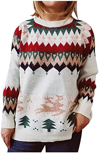 Женски преголеми џемпери, обичен тркалезен врат долг ракав Божиќ, печатен џемпер, врвна зима