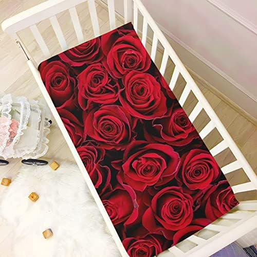 Алаза црвени рози цвеќиња од креветчиња за лажици опремени листови за басинет за момчиња бебе девојчиња дете, мини големина