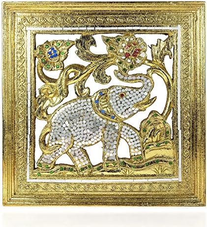 Аеравида слон јубилеј позлатен 24k златен тон лисја од мозаик огледало врежано дрво дрво од дрво - рачно занаетчиство од фер трговија од тајландски