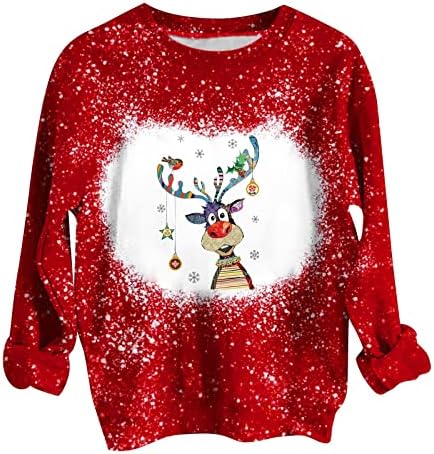 Божиќно џемпер на Nokmopo за жени моден лесен Божиќен печатен круг на вратот со долг ракав џемпер на врвови на џемперот