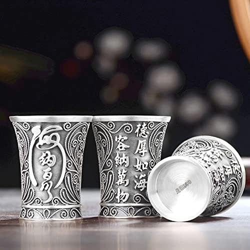 999 Стерлинг сребрен саке Ликер Флагон сет, рачен врежан кинески лик тотем чаши за вино во тенџере, подарок за гроздобер луксузен