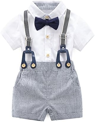 Бебе момчиња господин облеки костуми, кошула со кратки ракави за новороденчиња+панталони со биб+облека за врзување на лак