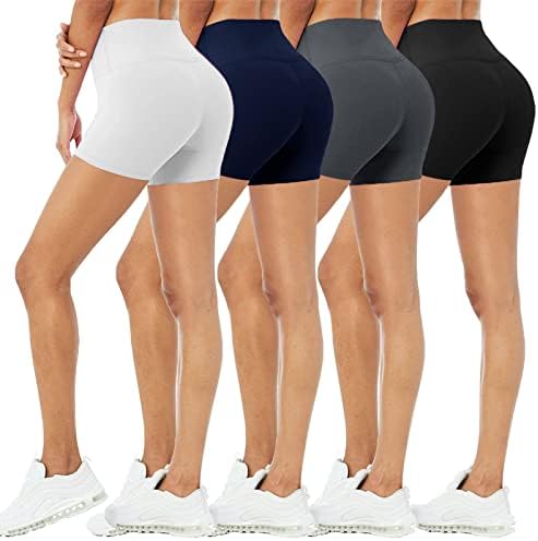 4 пакувања со шорцеви за велосипедисти за жени - 5 високи половини со истегнување на панталони за тренингот за летни јога што трчаат атлетски
