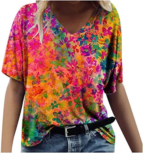 Блуза Маица За Тинејџерски Девојки Fall Лето Краток Ракав Памук V Вратот Цвет Графички Бранч Врвот S6 S6