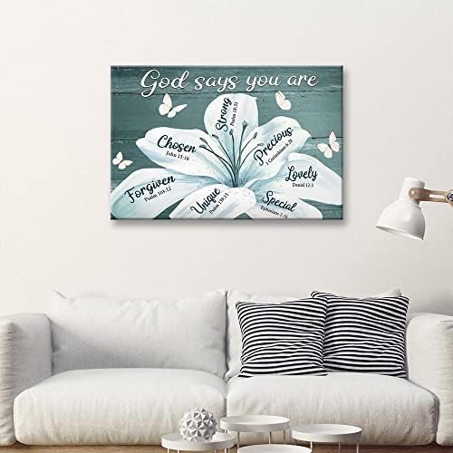 Инспиративен постер Бог вели дека сте силен библиски стих уметност маргаритка бел цвет и постери за пеперутки Спална слика слика
