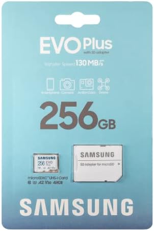Samsung 256gb Micro SDXC EVO ПЛУС Мемориска Картичка Со Адаптер Работи Со Samsung A22, A03 Core, A03s Телефон Класа 10 U3 A2 V30 Пакет