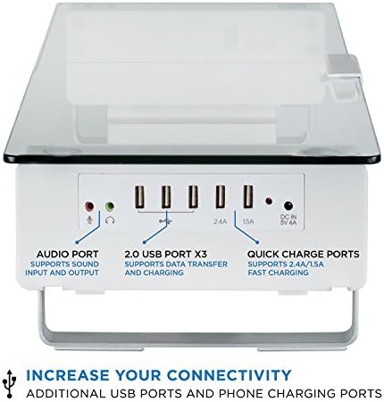 Монт-тоа! Стаклен монитор штанд со 5 USB порти | Ергономска полица за работна површина со вертикален држач за лаптоп | Се вклопува 24,