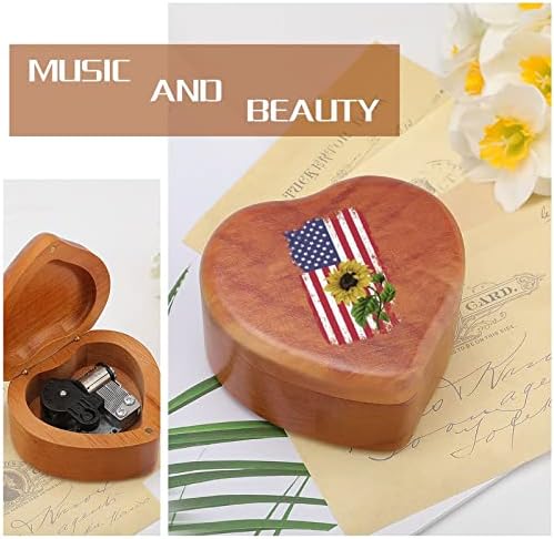 Гроздобер сончоглед со американско знаме дрвена музичка кутија со форма на срцева форма на музички кутии гроздобер дрвена кутија за подарок