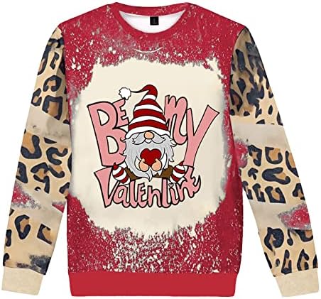 JJHAEVDY Денот на в Valentубените печатено џемпер за жени меки и удобни основни пуловер екипаж на леопард печатење дуксери