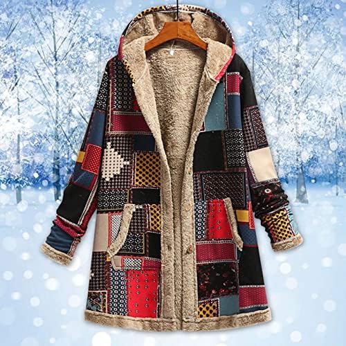 Зимски руно јакни за жени палто етнички стил печати со аспиратор за надворешна облека гроздобер егзотична топла топла парка плус палта со големина