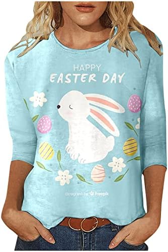 Велигденски маички кошули за жени жени пролетно лето лето -лето 3/4 ракав Велигденски печатен екипаж вратот кратка кошула за печатење на зајаци
