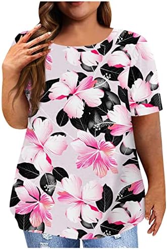 Маици за жени, женска кошула со кратки ракави, тркалезен врат плус големина маица Цвет, печатени обични врвови