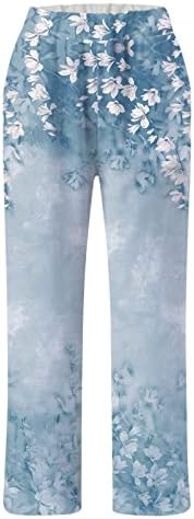 ДСОДАН памучни постелнини директно панталони женски обични лабави панталони со високи половини со џебови со џебови, графички графички
