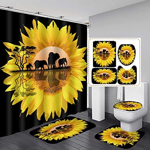 4 парчиња жолти сончогледни завеси за туширање, зајдисонце зајдисонце зајдисонце, африкански савана сафари, слонови печати