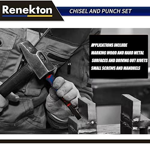 Ренектон Панч и сет на длето, вклучува и 1/8 инчен центар за удар, 1/8 инчен удар со шарки и 3/8 инчи ладно длето, метално штрајкувачки капа,