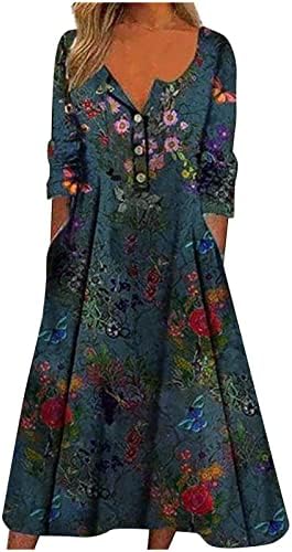 Обичен фустан од половината на жените со џеб, дами плус големина цветен фустан трендовски случајно копче надолу по миди фустан
