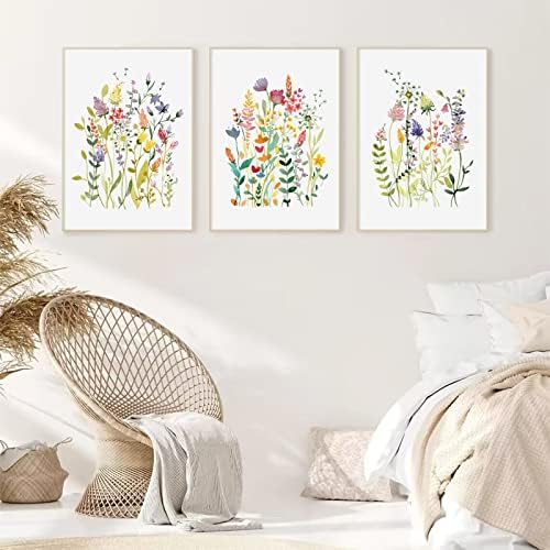 Шарен сет на wallидови од диви цвеќиња од 3 ботанички wallидни уметности акварел цветни платно платно wallидни уметности цветни отпечатоци цветни