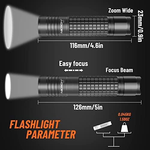 Flashlight Nicron 800 Lumen N8F со 5 режими, зумирање на LED фенерче со батерија што може да се надополнува и микро-USB, IP65 водоотпорен