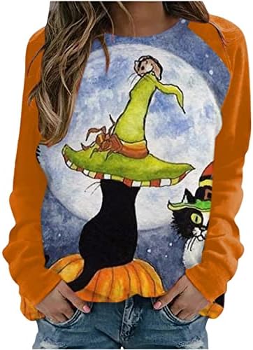 Pimoxv женски Ноќта на вештерките Костими кошула со долги ракави екипаж, џемпер за џемпери тинејџерки естетски симпатични преголеми