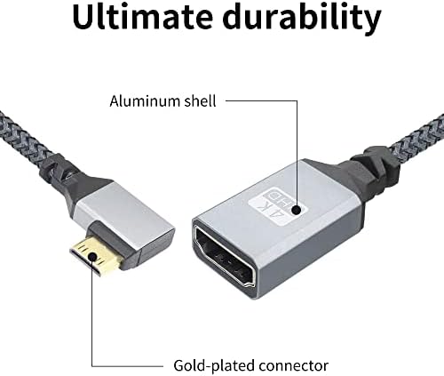 Riieyoca 4K Mini HDMI to HDMI адаптер кабел, 90 степени лев агол мини HDMI машки до HDMI Femaleенски алуминиум краток најлонски плетенка
