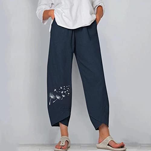 Дами панталони панталони ленени глуварчиња цветни лабави вклопуваат плус големина тенки средновековни панталони со широки нозе L6