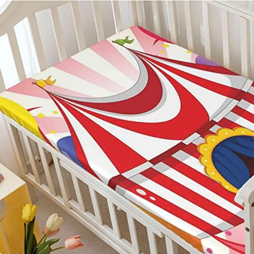 Циркус тематски опремени мини чаршафи, преносни мини чаршафи за столбови за деца со постелнина за бебиња за момчиња, 24 „x38“, повеќебојни