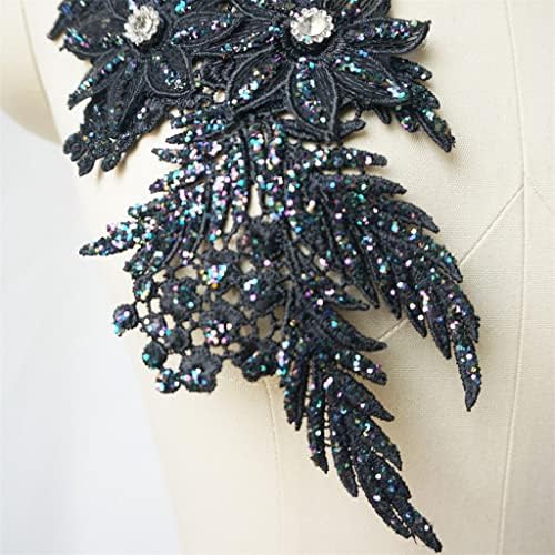 Pdgjg 2pcs црна секвентка извезена чипка апликација за шиење цветни ткаенини крпеница свадбена наметка невестинска облека фустан DIY