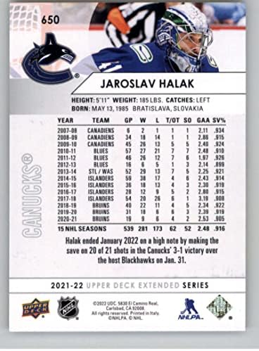 2021-22 Горна палуба Продолжена 650 Јарослав Халак Ванкувер Канакс НХЛ хокеј за трговија со хокеј