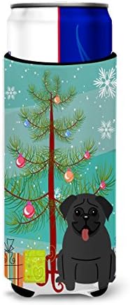 Caroline's Treasures BB4131MUK Merry Christmas Tree Pug Black Ultra Hugger for slim cans, Can Cooler Sleeve Hugger Machine Washable Drink Sleeve