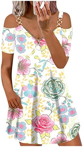 Женски фустани на плажа лето цветни отпечатоци од рамената со кратки ракави фустан со патент длабоко в вратот лабава фустани