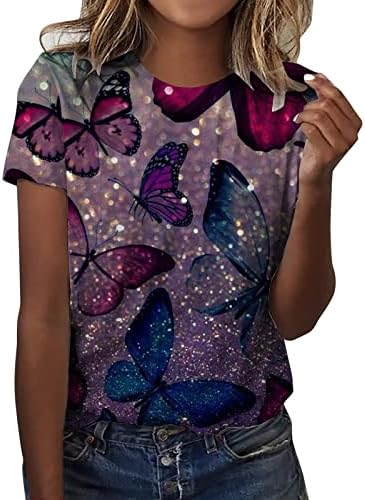 Женски летни врвови фустани случајни пеперутки печатени кратки ракави маици екипаж на вратот графички маици основни основни кошули