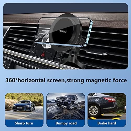 Lamjad M8 Magnetic безжичен полнач за автомобили, брзо полнење, полнач за автомобили, iPhone 14/13/12 серија, Air Vent Dashboard Mount