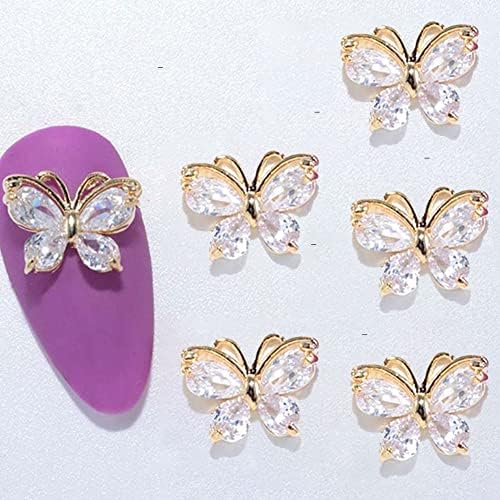 5 парчиња златна пеперутка за нокти привлечности за акрилни нокти 3Д легури пеперутки накит за нокти Gems додатоци за жени DIY