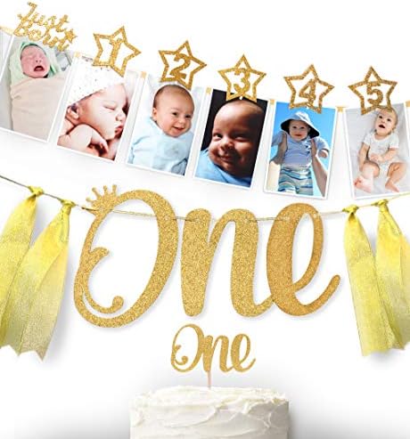 1 Роденден 12 месеци Фото Банер, Торта Топер, Висок Стол Еден Венец. Новороденче до 1 Годишниот Месечна Пресвртница Слика, Бебе
