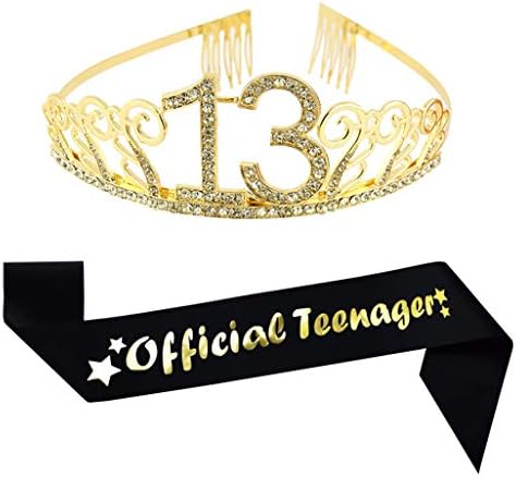 13 -ти златен роденден Тијара и сјај на сјајот Сатен Саш и Кристал Ринестон Тијара Круна за среќна 13 -та роденденска забава,