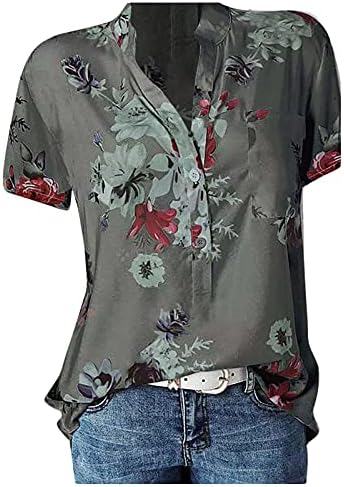 Ndvyxx жени плус големина печатено копче надолу кошули Гроздобер кратки ракави цветни V вратот лабава блуза