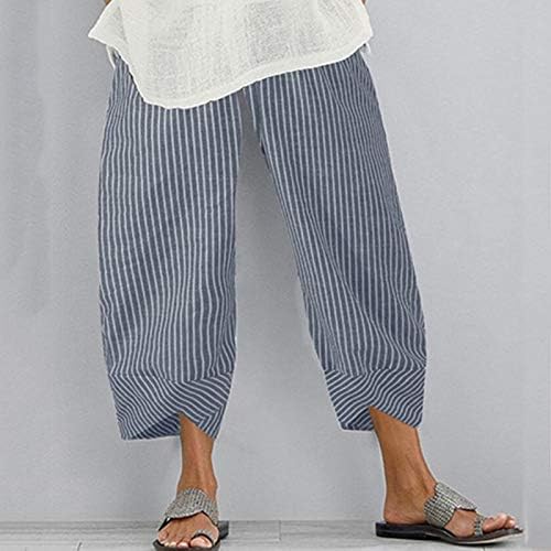 Здфер Капри панталони за жени памучни постелнини широки нозе Хареми Панталони со влечење Еластични панталони со џебови со џебови