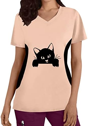 Обични кошули жени жени плус големина на врвот V вратот со кратки ракави мачки отпечатоци маица со долги ракави кошули за жени