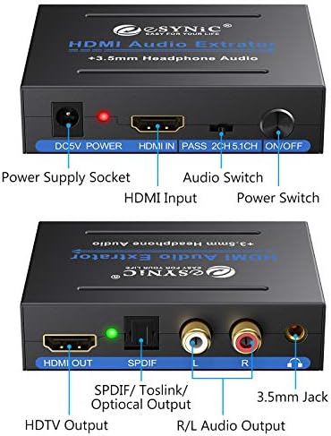 eSynic 4k HDMI Аудио Екстрактор HDMI до HDMI + Оптички TOSLINK SPDIF + Аналоген RCA L / R +3,5 mm Приклучок Стерео Аудио Видео Сплитер Конвертор