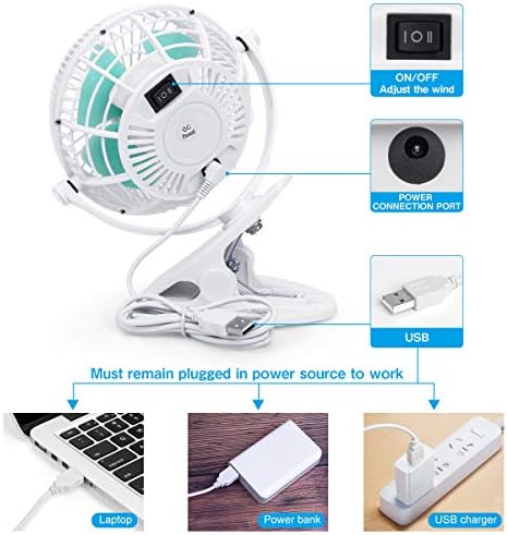 Клучен клип на вентилаторот, 4 -инчен USB вентилатор, мал вентилатор со 2 брзини, преносен вентилатор за кревет за ладење и спиење, вентилатор